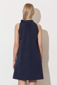 Blue Pleated Neckline Shirt Dress with Bow Tie