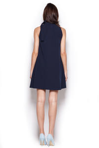 Blue Pleated Neckline Shirt Dress with Bow Tie