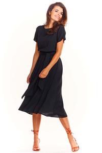 Black Flared Midi Dress with Short Kimono Sleeve