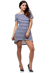 Dark Blue Bateau Neck Striped Dippy Hemline Shift Dress