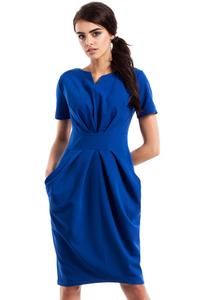 Blue Wrinkled Slim Waist Knee Length Dress