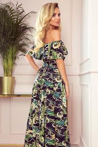 Maxi Dress with Spanish Neckline in Green Leaves