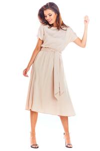 Beige Flared Midi Dress with Short Kimono Sleeve