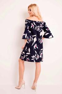 Dark Blue Off Shoulders Floral Pattern Dress