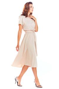 Beige Flared Midi Dress with Short Kimono Sleeve