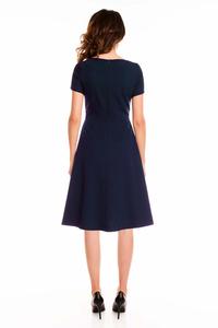 Dark Blue Short Sleeves Midi Flared Dress