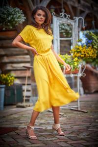 Yellow Flared Midi Dress with Short Kimono Sleeve