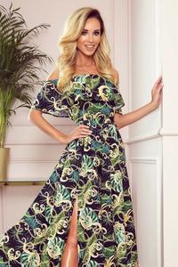 Maxi Dress with Spanish Neckline in Green Leaves